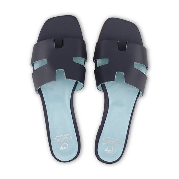 Ciabatta blu scuro in pelle tacco 20